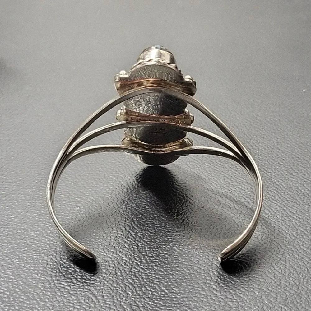 Native American Large Sterling Silver Triple Turquoise Stone Cuff Bracelet ... - Picture 5 of 14